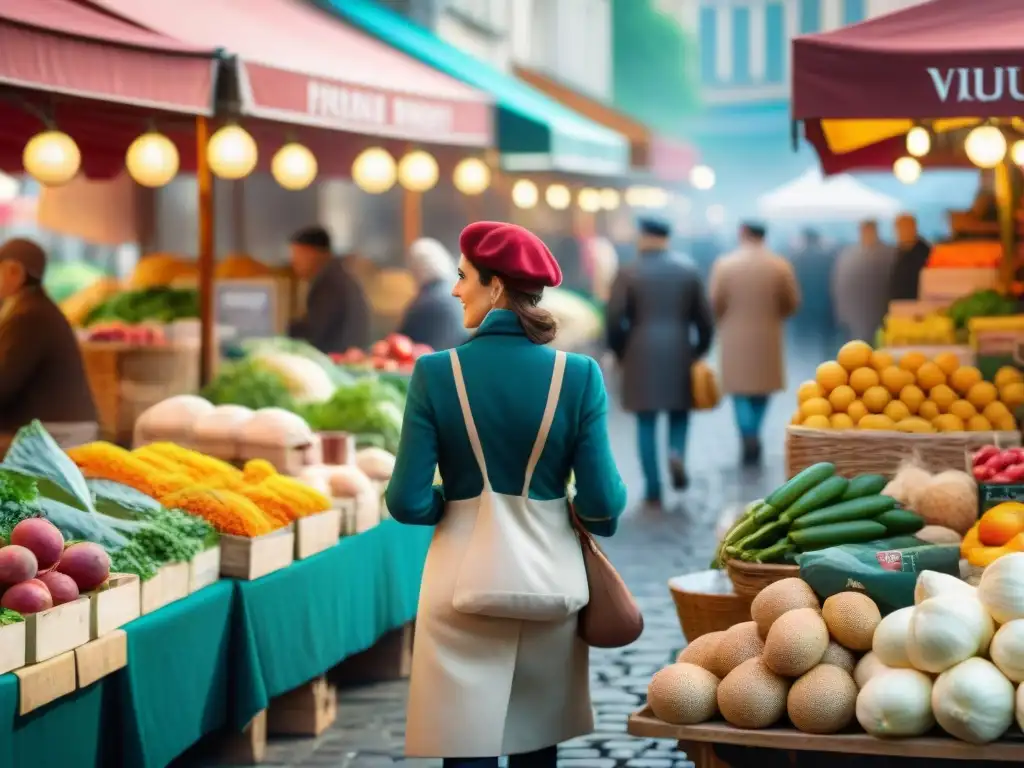 Una escena vibrante en un mercado francés: puestos coloridos de frutas, verduras, quesos y panes