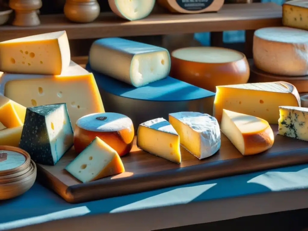 Escena vibrante en un mercado francés con variedad de quesos en un puesto tradicional de una fromagerie