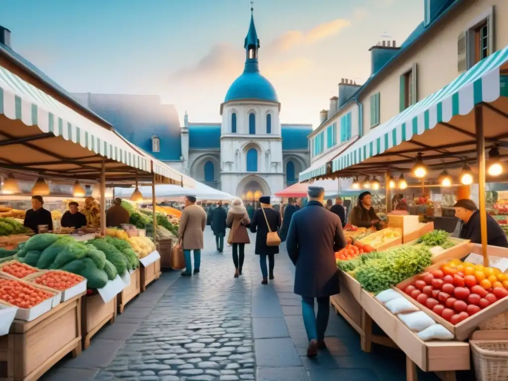 Escena vibrante de un mercado francés con productos frescos y coloridos