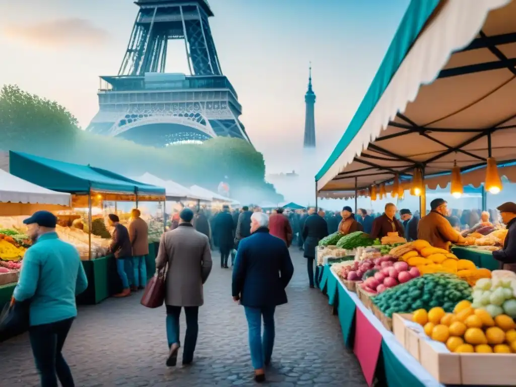 Escena vibrante de un mercado francés con influencia cultural en la innovación gastronómica