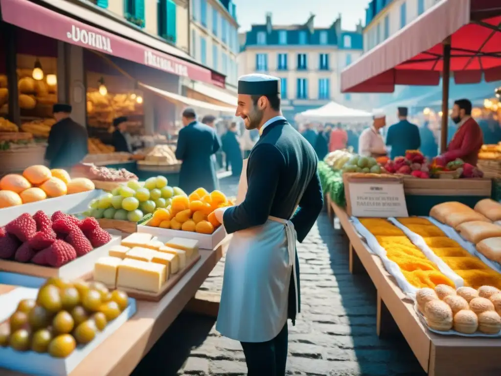 Escena vibrante en un mercado francés con influencia cultural, chefs innovadores y deliciosos platos