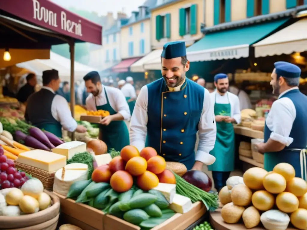 Escena vibrante del mercado francés con gastronomía francesa tradicional versus innovadora