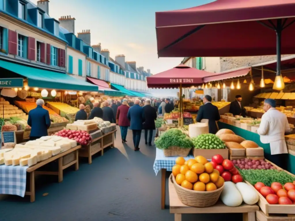 Escena vibrante de un mercado francés con puestos coloridos de productos frescos y una animada cafetería