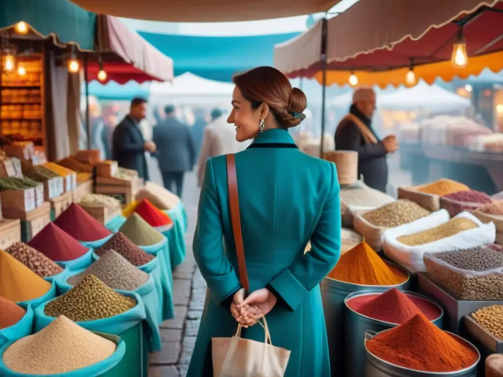 Escena vibrante en mercado francés: vendedor de especias y cliente, productos exóticos en tiendas de especias en Francia