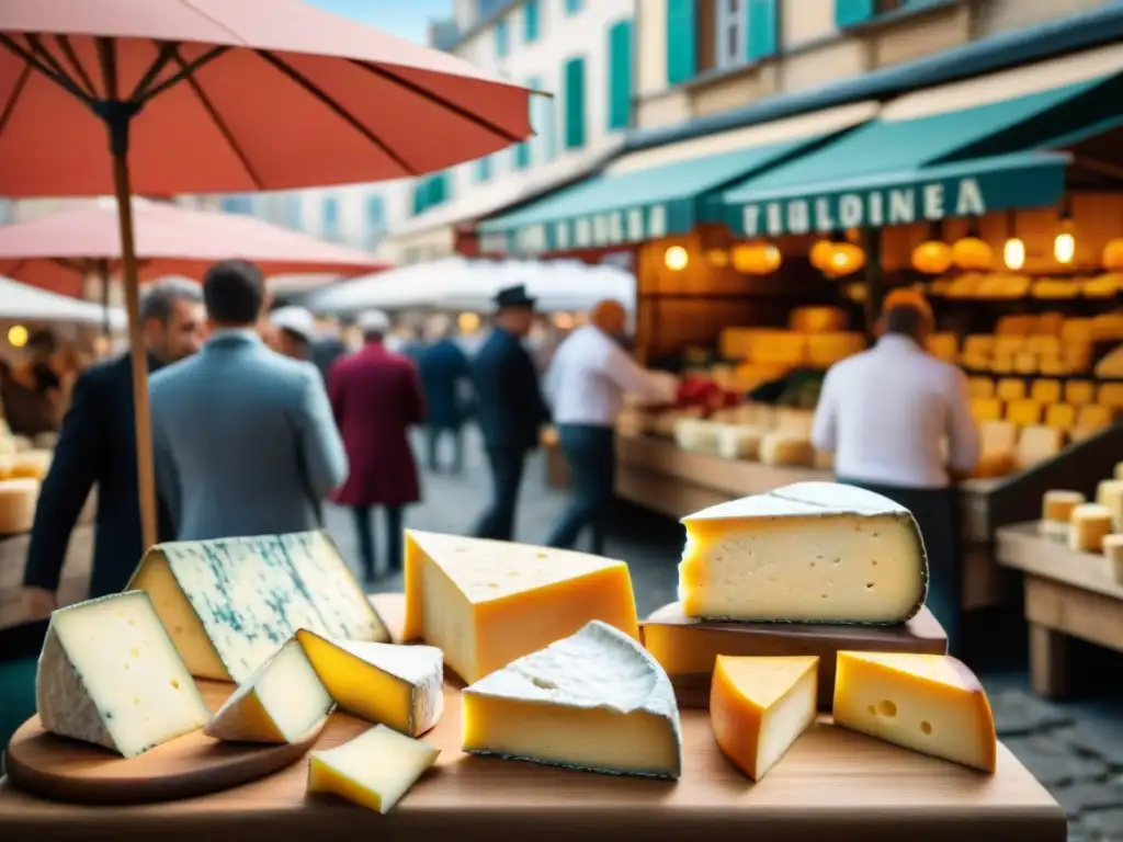 Escena vibrante de mercado francés con quesos artesanales en tablas de madera