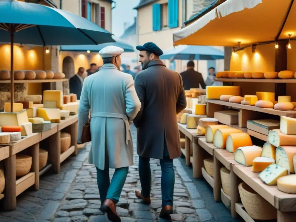 Escena vibrante en mercado francés con quesos artesanales, locales y turistas disfrutan degustando