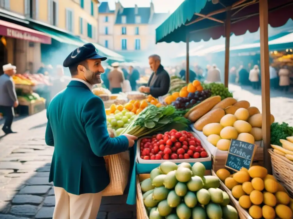 Mercado francés: colores y sabores frescos en comunidad Escena vibrante de un mercado francés tradicional con productos frescos y coloridos