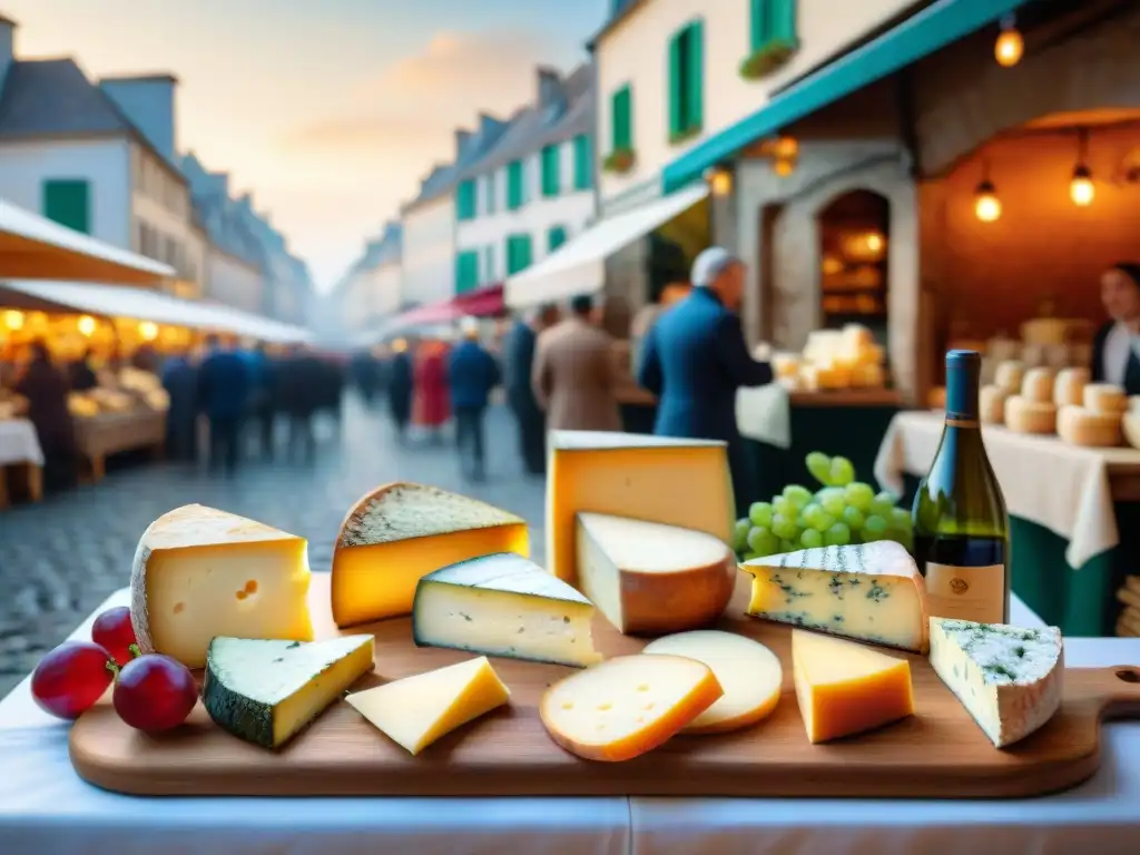 Escena vibrante de mercado francés con vinos y quesos artesanales, envuelta en ambiente culinario francés