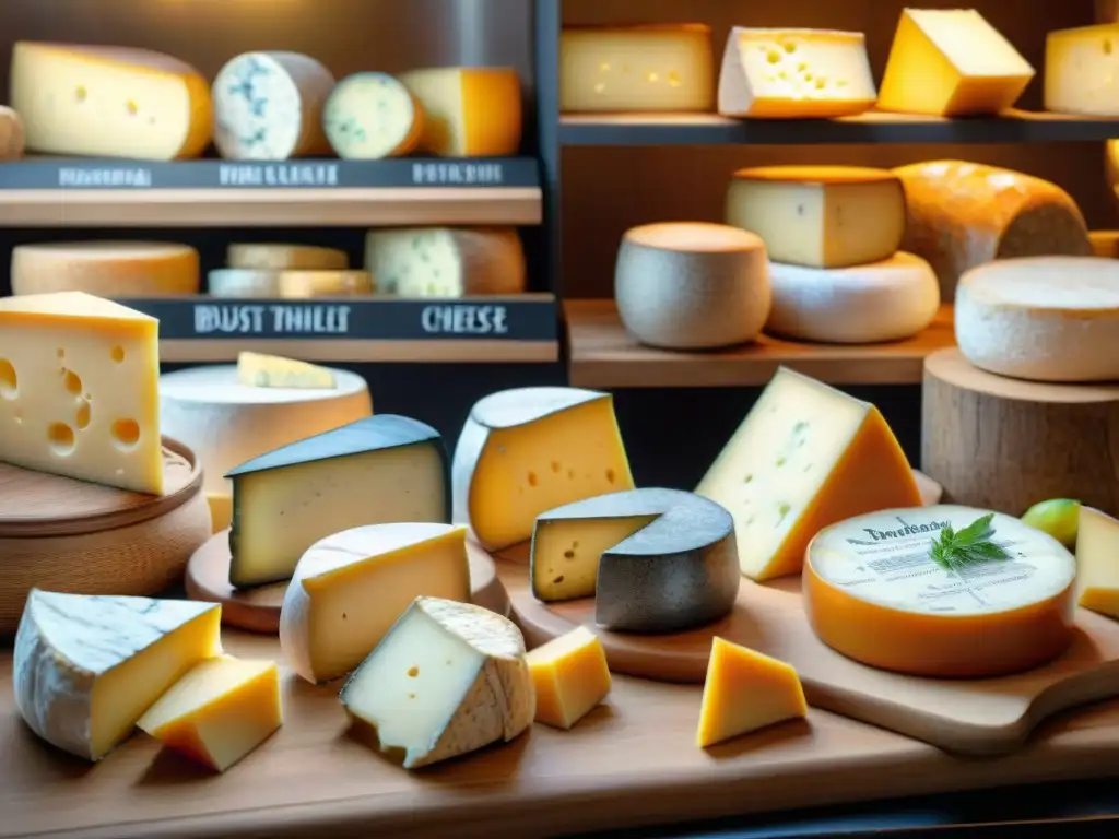 Una escena vibrante en un mercado francés con exquisitos quesos, que refleja la influencia de la gastronomía mundial