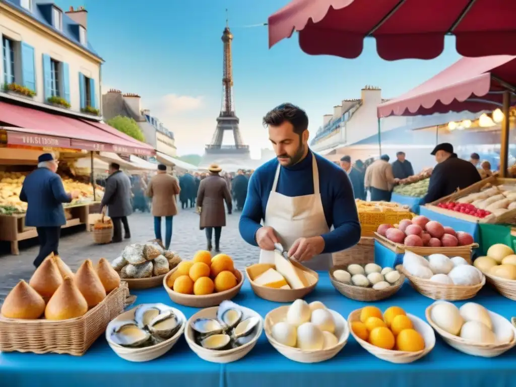 Escena vibrante de mercado francés con vendedores y productos frescos, la Torre Eiffel al fondo