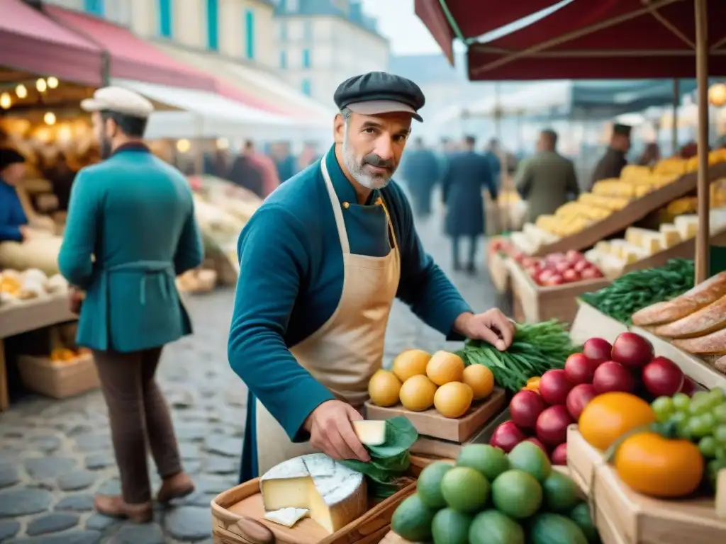 Escena vibrante de un mercado francés con productos frescos y coloridos, reflejando la autenticidad y tradición de la gastronomía francesa