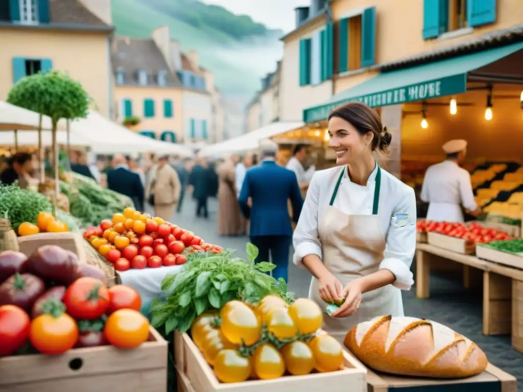 Escena vibrante de un mercado francés con productos locales y ambiente sostenible