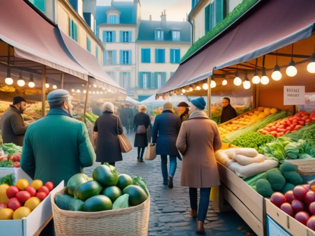 Escena vibrante en mercado francés con productos frescos en envases ecológicos, reflejando influencia francesa en reducción de plástico