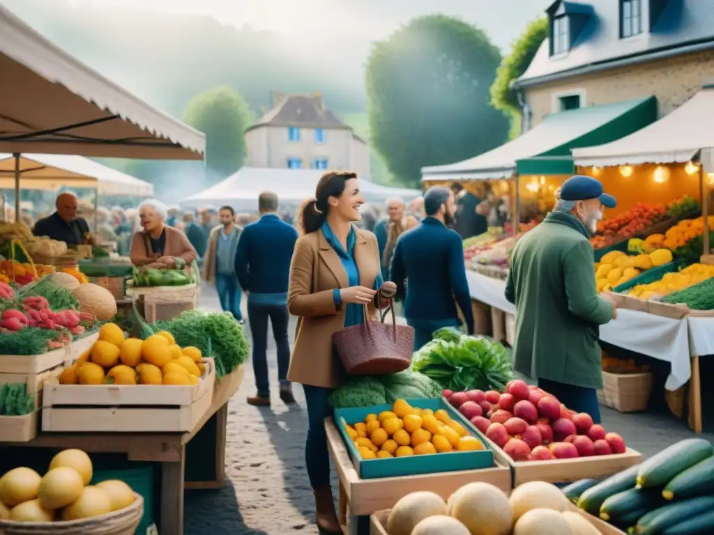 Una escena vibrante de un mercado francés, donde la permacultura y la comunidad se unen en un ambiente animado