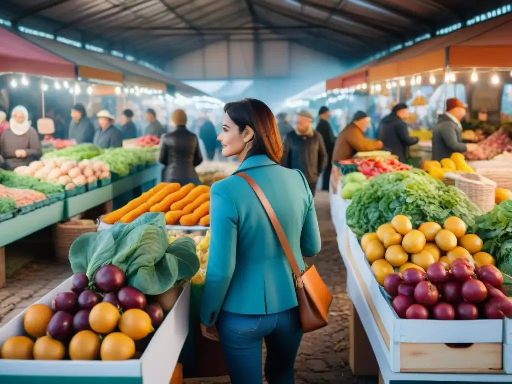 Escena vibrante en un mercado francés con productos orgánicos cultivados con permacultura