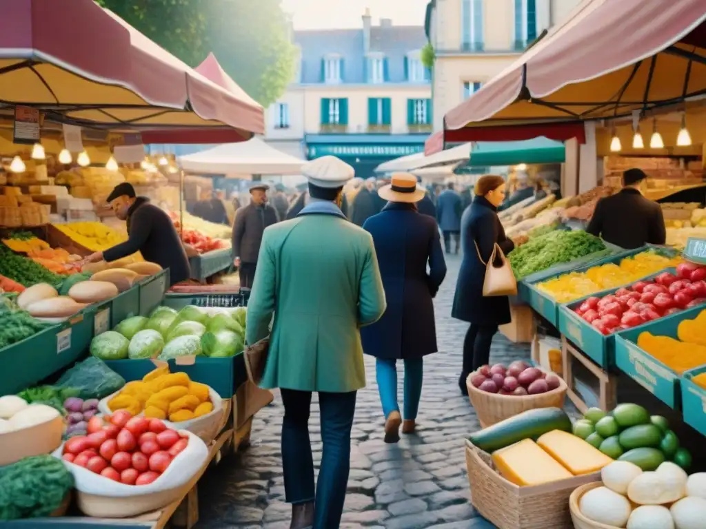 Escena vibrante en mercado francés con variedad de alimentos frescos y coloridos, reflejando la reducción del desperdicio alimentario