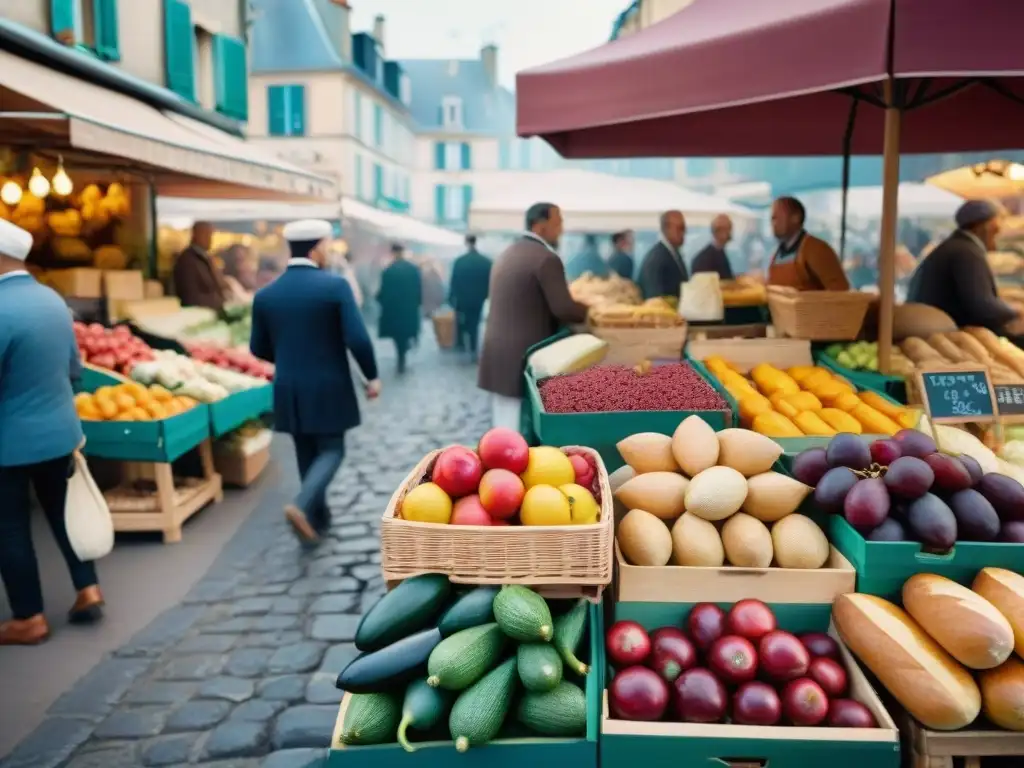 Escena vibrante en un mercado francés con ingredientes culinarios y vendedores