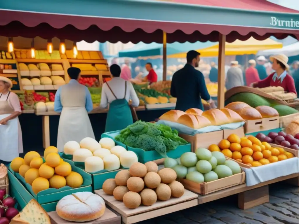 Escena vibrante de un mercado francés con productos frescos y coloridos, donde locales y turistas disfrutan de una experiencia gastronómica única