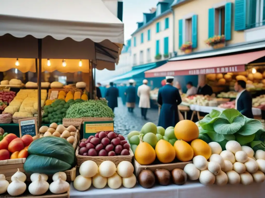 Escena vibrante de mercado francés con productos frescos y chef examinando hongos