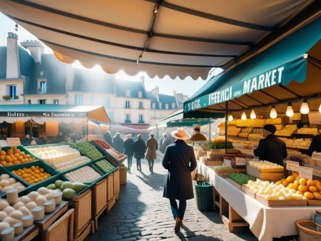 Escena vibrante de mercado francés con yogures y kéfirs en envases cerámicos