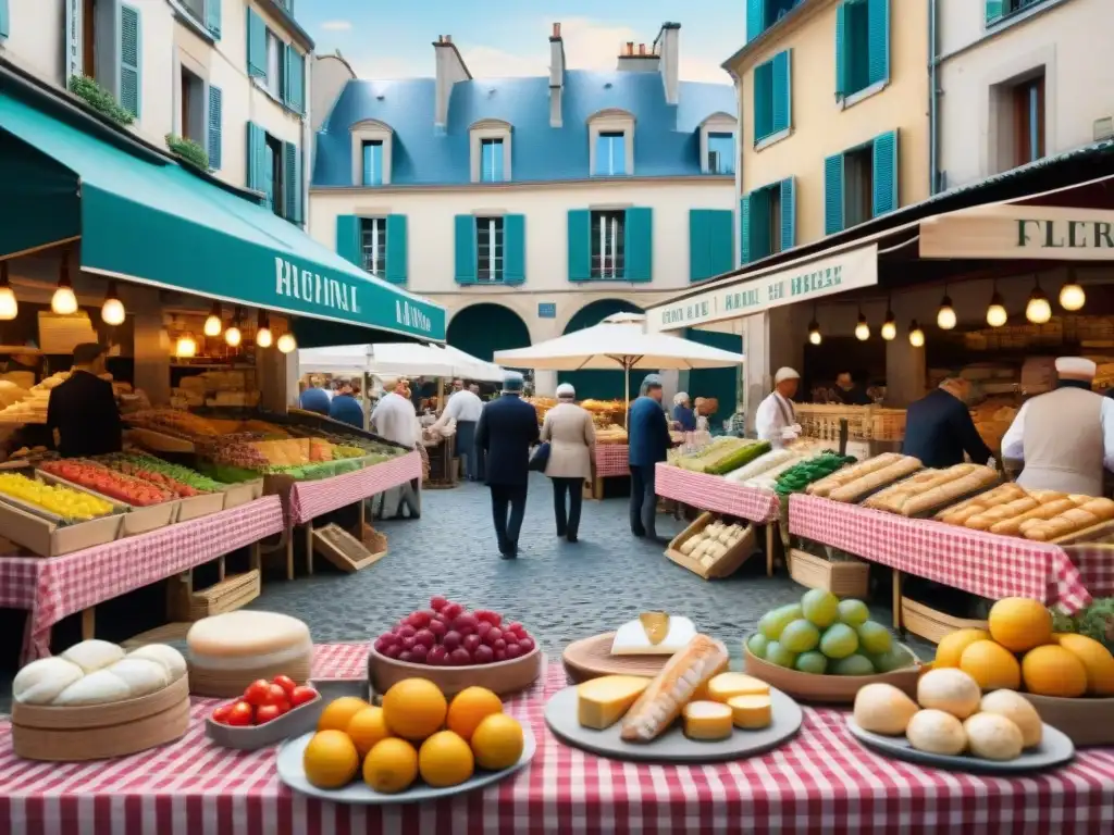 Escena vibrante de mercado francés con influencia cultural e historia gastronomía francesa