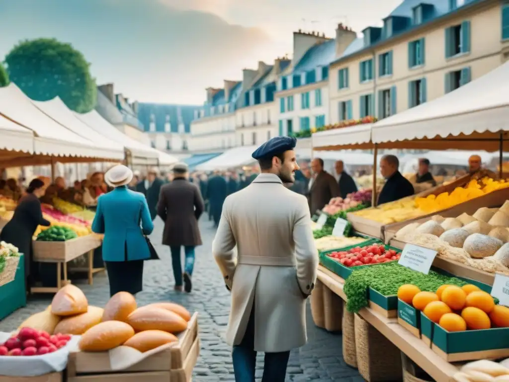 Escena vibrante de mercado francés con productos frescos y edificios parisinos