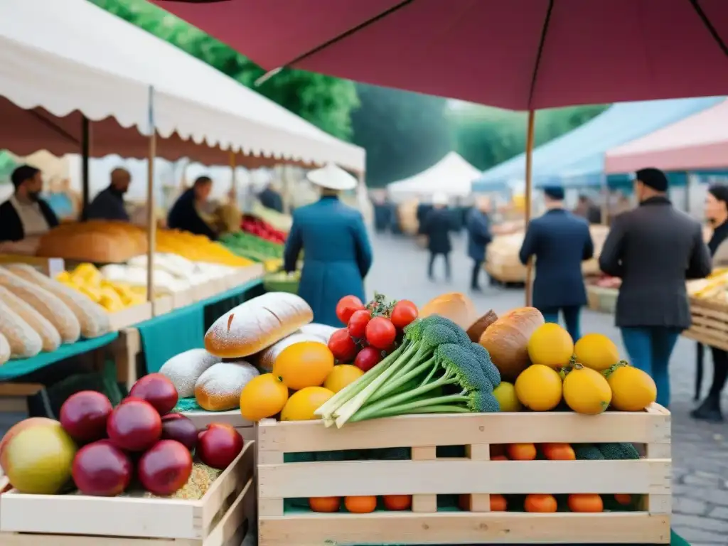 Escena vibrante de un mercado en Francia, con frutas y verduras locales bajo sombrillas coloridas