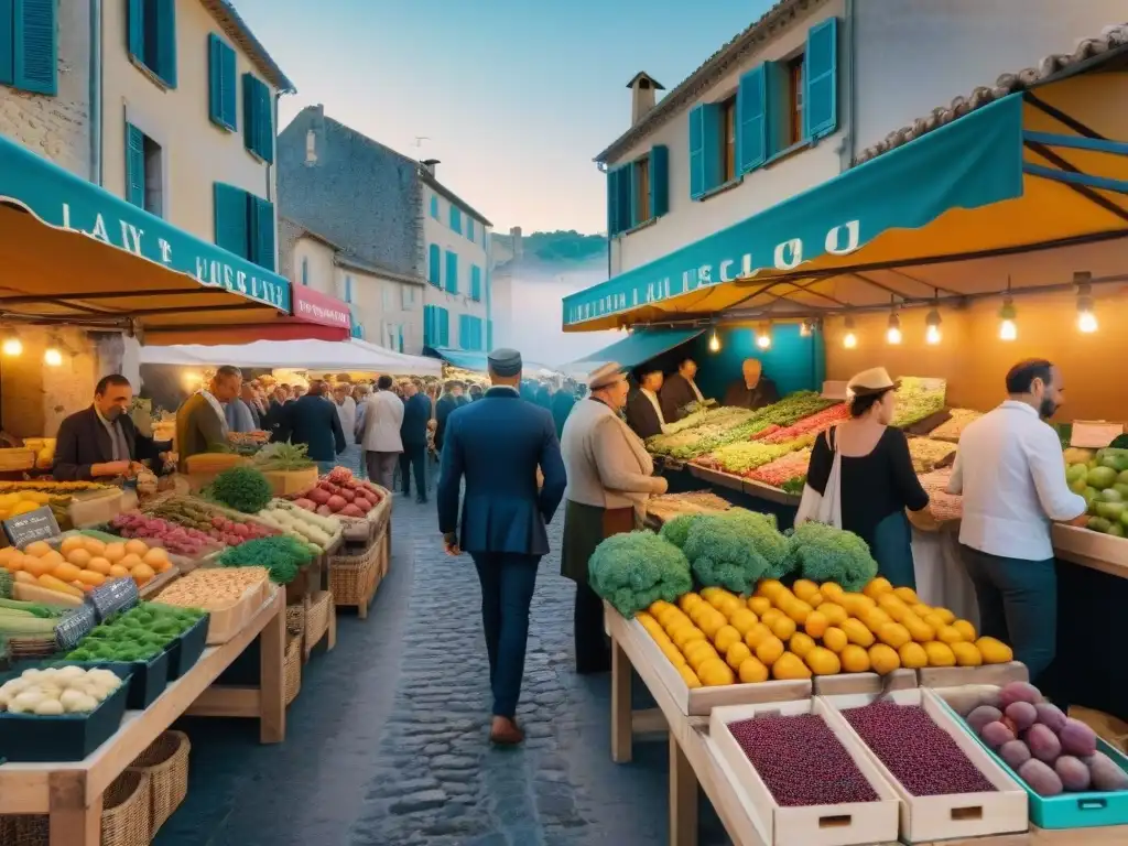 Escena vibrante de un mercado gastronómico en Languedoc Sur Francia, repleto de productos frescos y coloridas flores