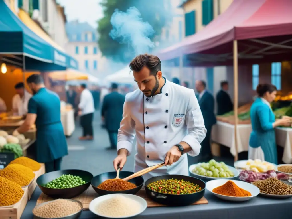 Escena vibrante de un mercado gastronómico al aire libre en Francia, con chefs preparando delicias y visitantes disfrutando de vino