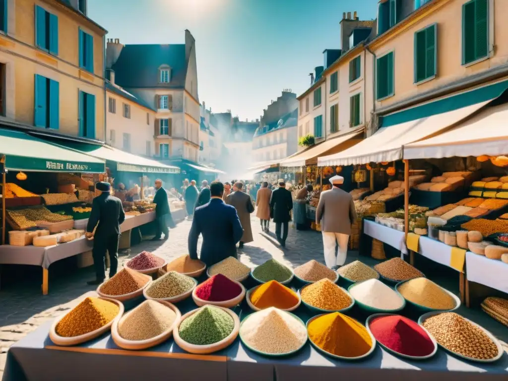 Escena vibrante de mercado en Francia con influencia diáspora árabe en gastronomía francesa