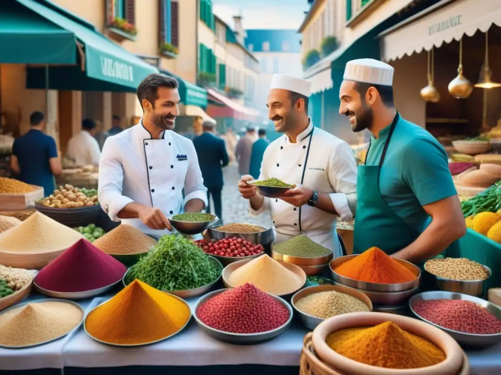 Escena vibrante de mercado en Francia con influencia gastronomía árabe, chefs y colores de especias y frutas