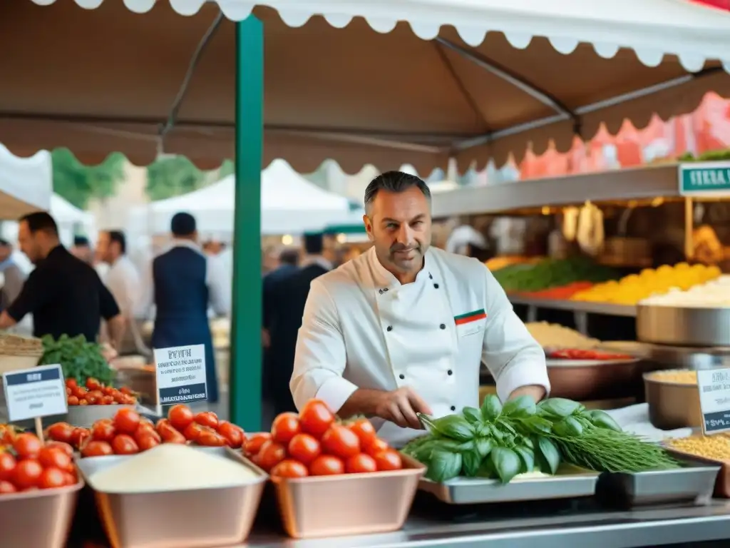 Escena vibrante de mercado italiano con salsas hermanadas Béchamel Alfredo diferencia entre chefs italianos y franceses