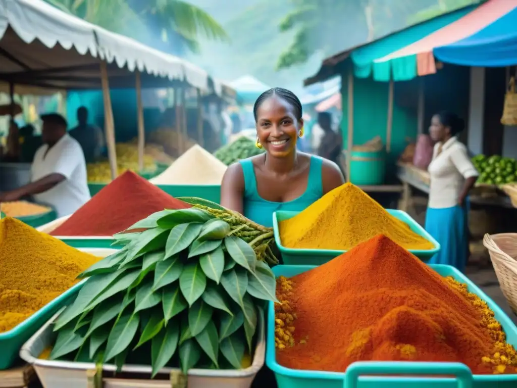 Escena vibrante en un mercado martiniqués con sabores martinica influencia culinaria india, puestos coloridos y vendedores locales