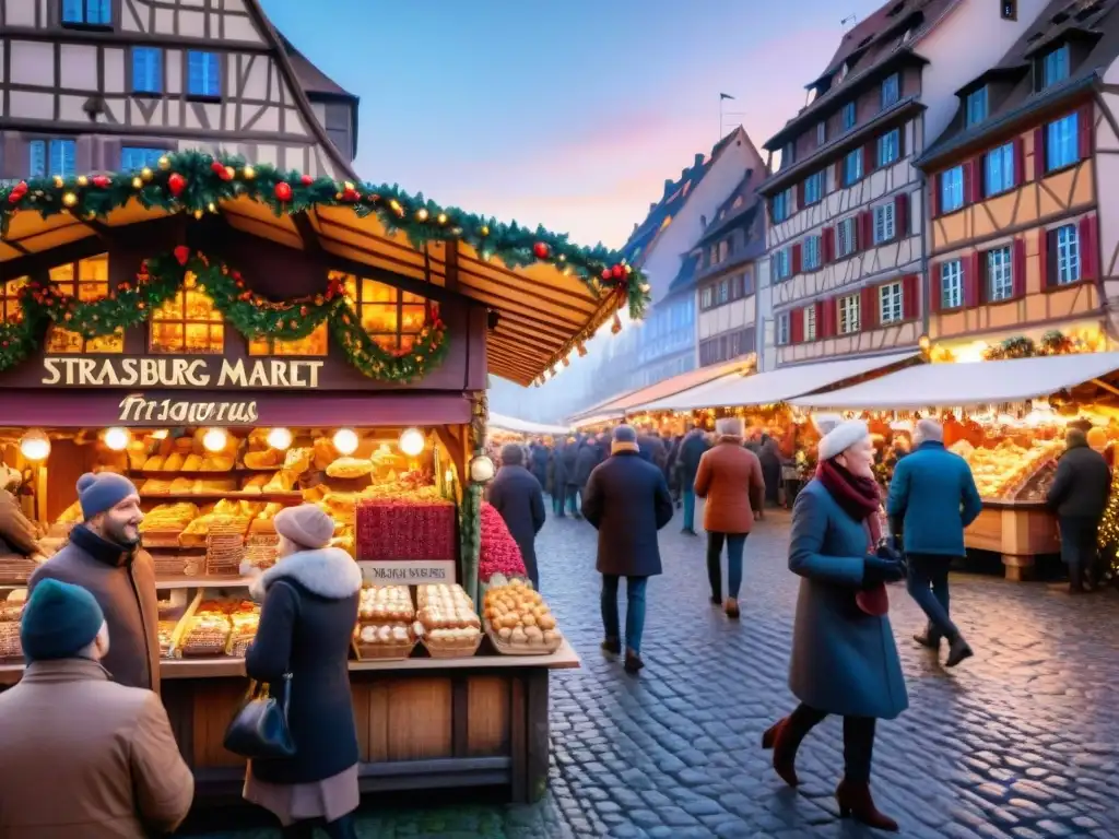 Una escena vibrante del mercado navideño en Estrasburgo, con delicias gastronómicas francesas y la majestuosa catedral al fondo