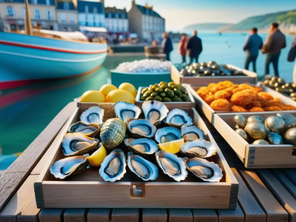 Escena vibrante en mercado de ostras en Cancale, Bretaña: colores, degustaciones y tradición