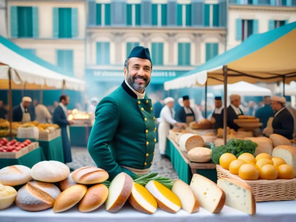 Escena vibrante en un mercado parisino del siglo XVIII, con chefs franceses y productos frescos