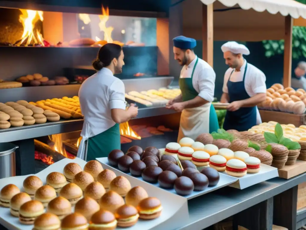 Mercado francés: baguettes, macarons y chefs apasionados Escena vibrante de mercado parisino con cocina francesa recetas tradicionales