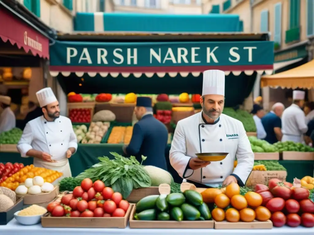 Escena vibrante de un mercado parisino, con productos frescos y vendedores locales