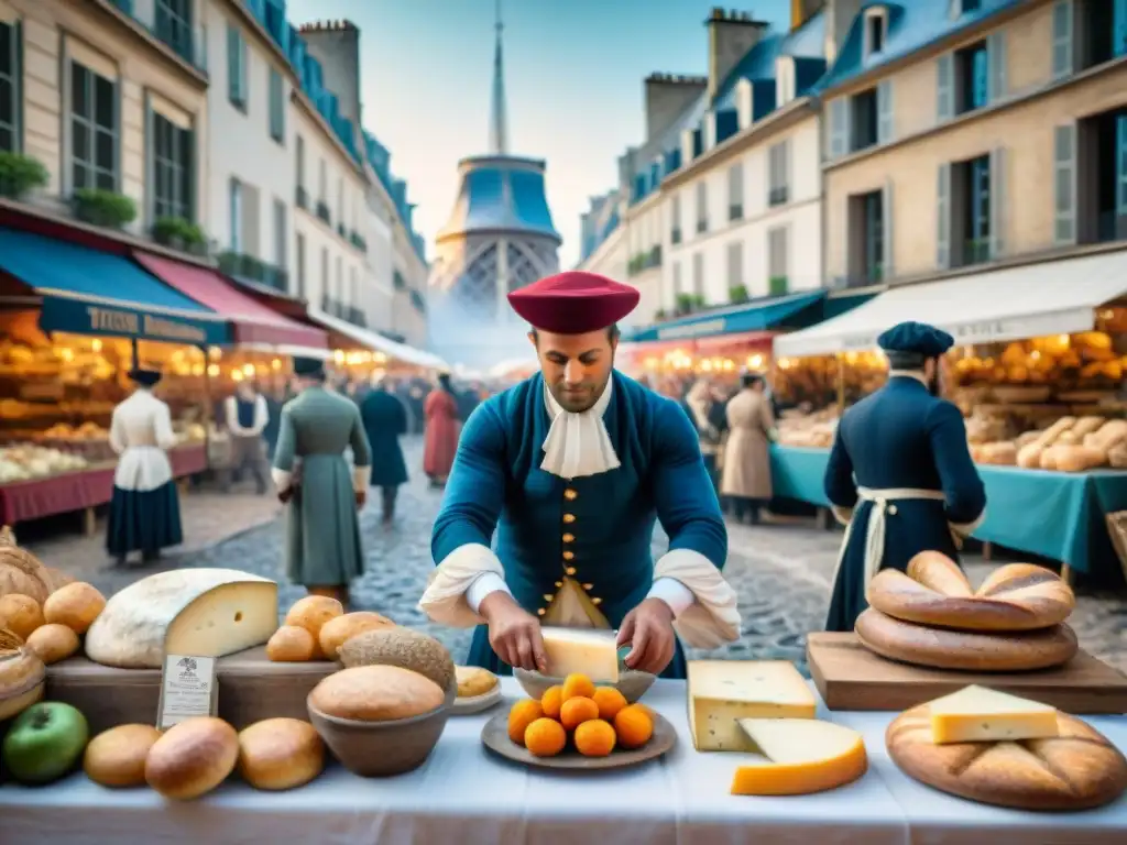 Escena vibrante en un mercado parisino del siglo XVIII, con innovaciones gastronomía francesa revolución culinaria