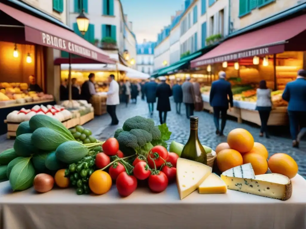 'Escena vibrante de mercado parisino con chefs intercambiando innovación culinaria francesa global