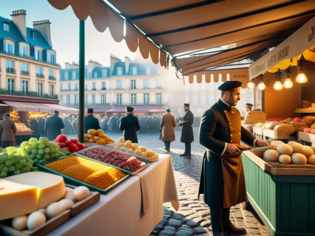 Escena vibrante de un mercado parisino del siglo XIX, donde la gastronomía francesa cobra vida entre productos frescos y elegantes clientes