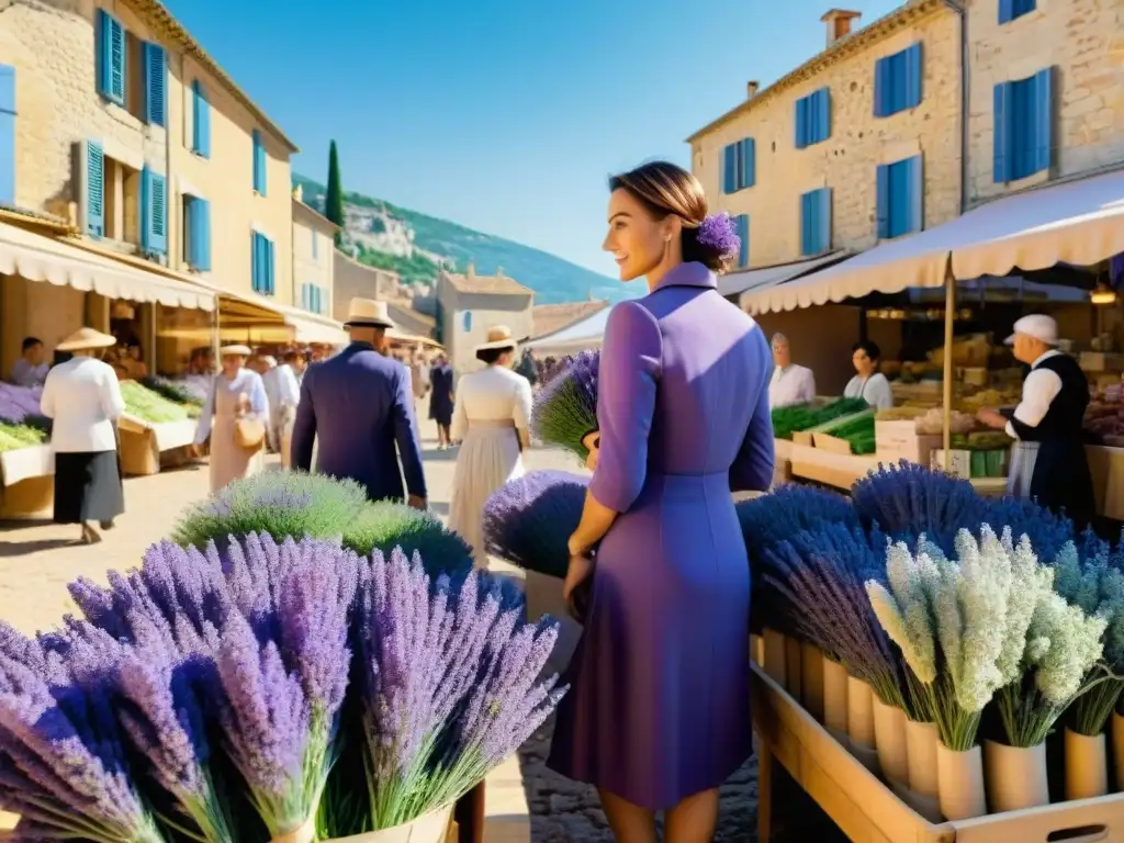 Escena vibrante de mercado en Provenza con aromas de lavanda, flores moradas en puestos de madera bajo cielos azules