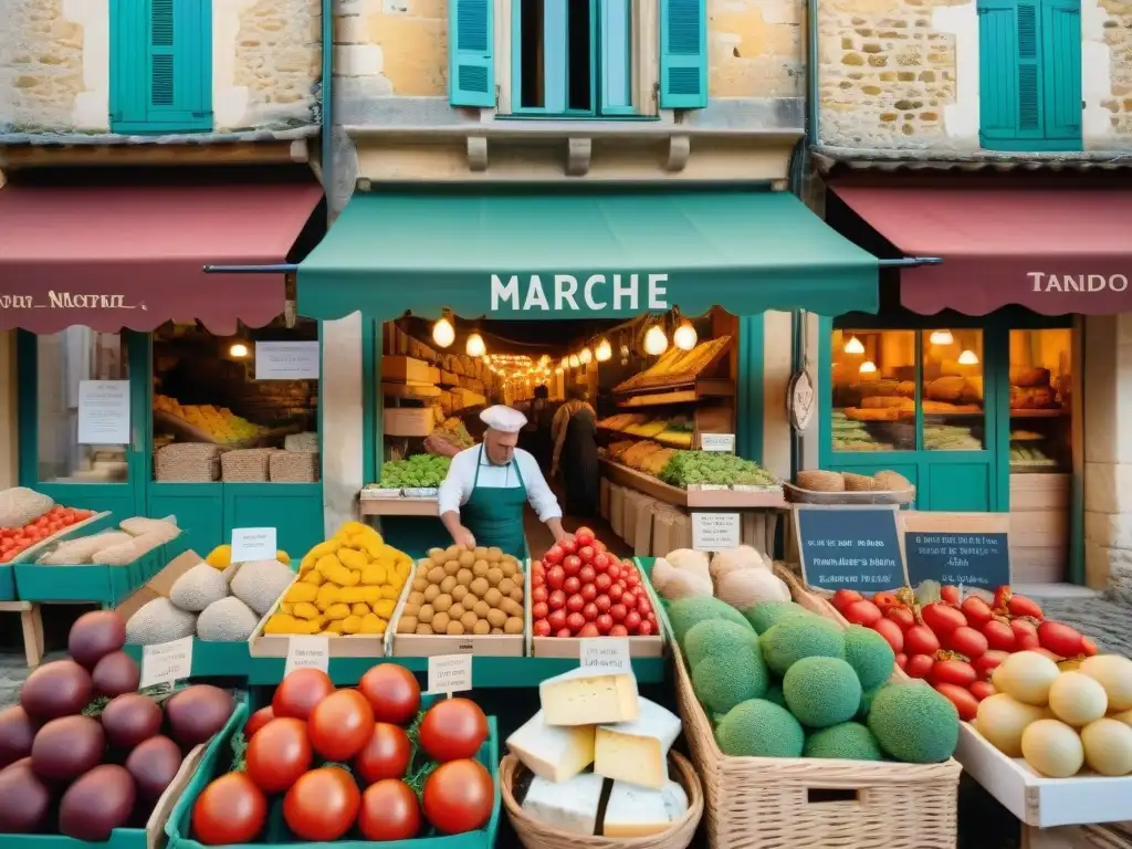 Escena vibrante de un mercado tradicional en la Dordoña con productos frescos y vendedores locales