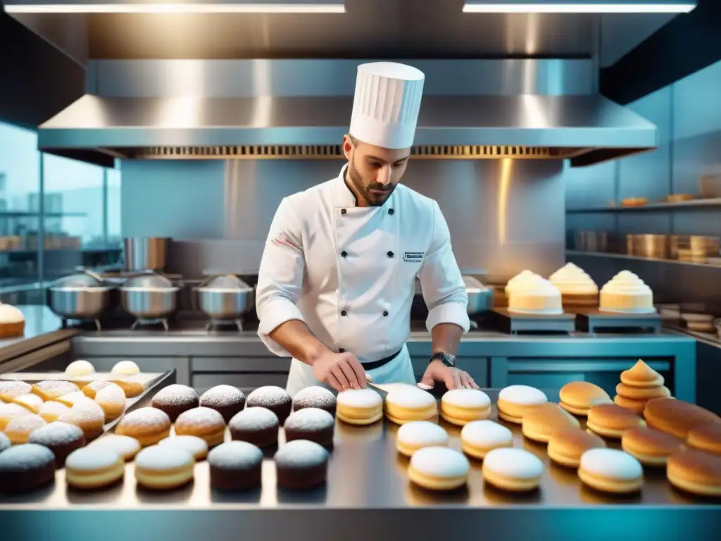 Una escena vibrante de una pastelería francesa, donde chefs usan electrodomésticos modernos para crear exquisitas delicias