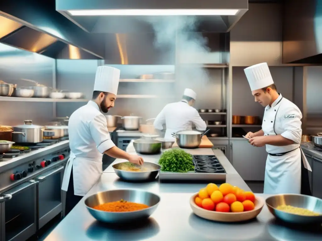 Escena vibrante en una prestigiosa escuela de cocina en Francia con el chef instructor demostrando técnicas culinarias a estudiantes
