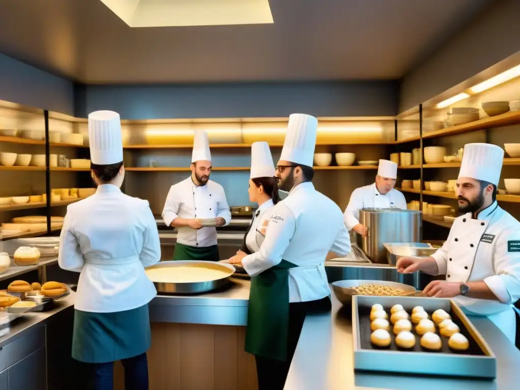 Una escena vibrante en una prestigiosa escuela culinaria en Francia, con alumnos atentos aprendiendo pastelería con un chef distinguido