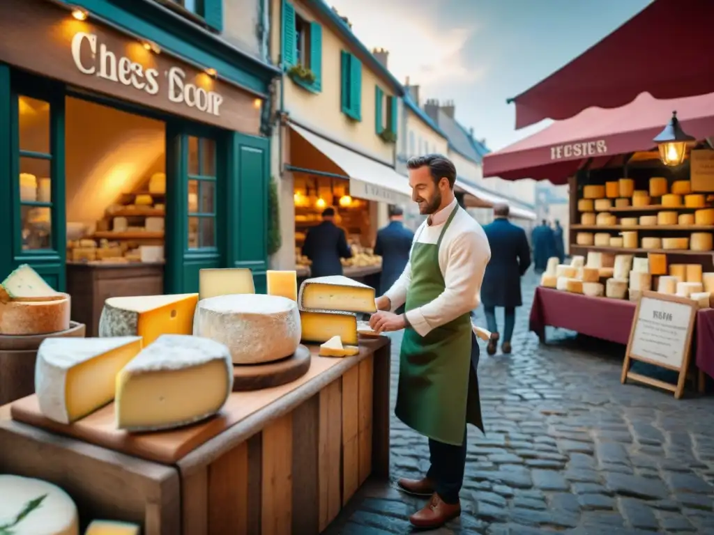 Escena vibrante en una quesería francesa tradicional en mercado bullicioso