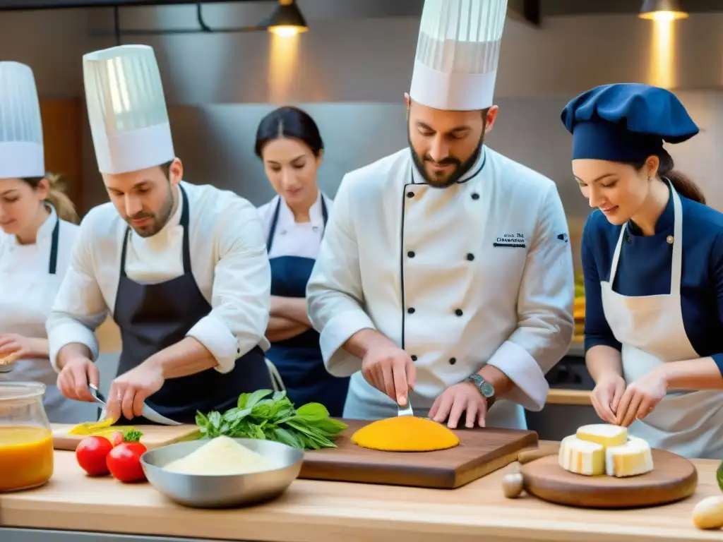 Una escena vibrante de taller culinario francés personalizado en una cocina contemporánea, con participantes entusiastas