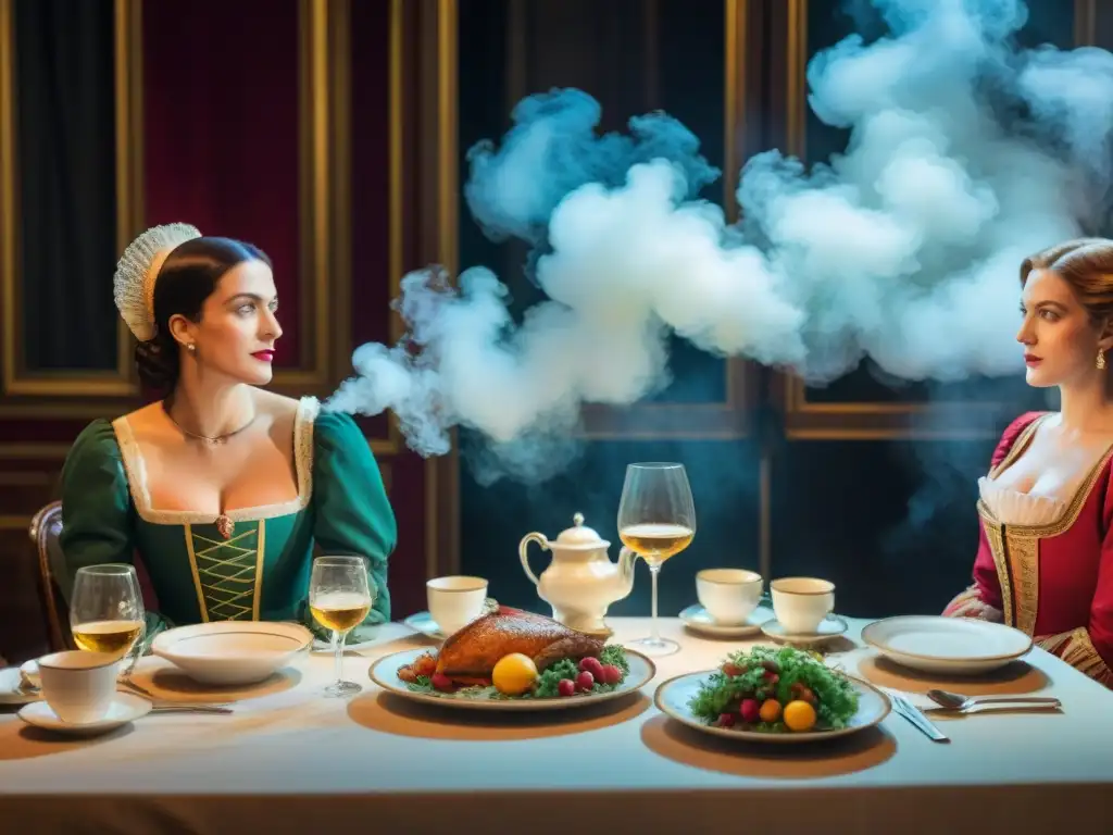 Escena vibrante de un teatro francés con actores en trajes de época disfrutando de una cena