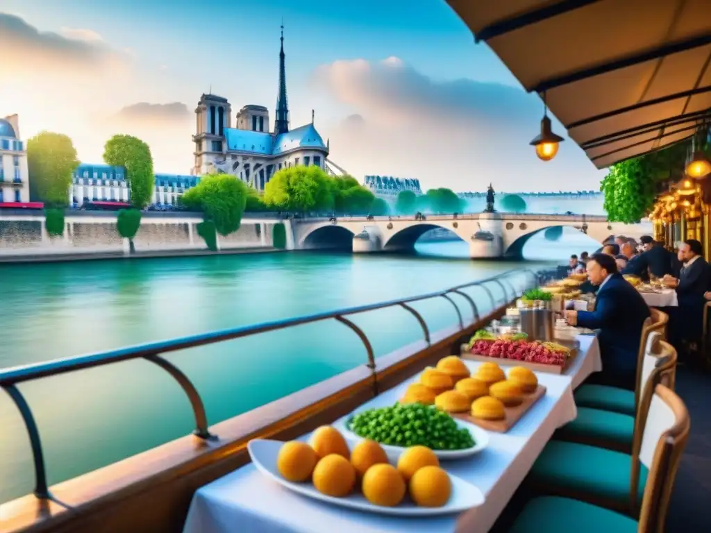 Escena gastronómica a orillas del Sena en París Escena viva de la influencia de los ríos en la gastronomía francesa en París, con la Torre Eiffel y la Catedral de Notre Dame de fondo